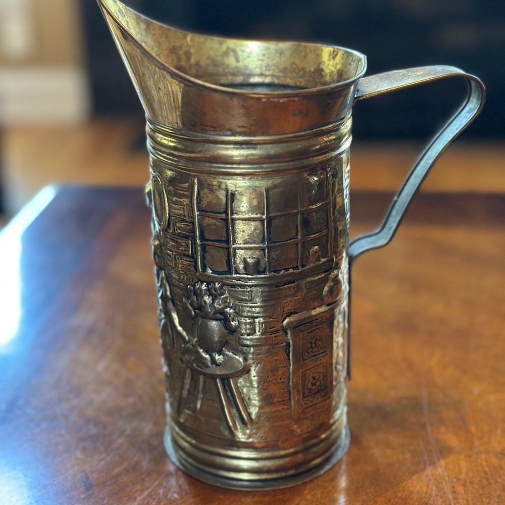 Sold-crossposted-Vintage peerage brass pitcher jug | Embossed tavern scene |